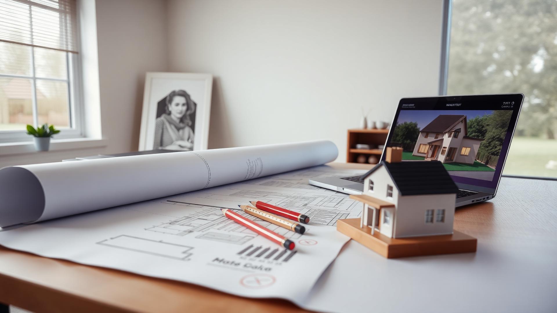Architectural drawings, scale ruler and 3D house model on a designer's desk